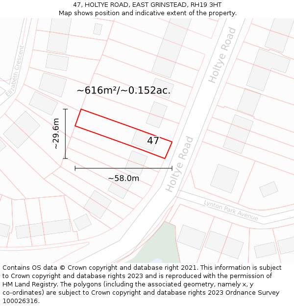 47, HOLTYE ROAD, EAST GRINSTEAD, RH19 3HT: Plot and title map