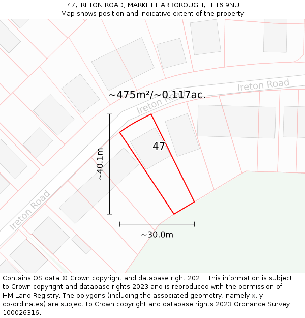 47, IRETON ROAD, MARKET HARBOROUGH, LE16 9NU: Plot and title map