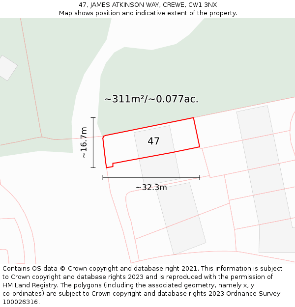 47, JAMES ATKINSON WAY, CREWE, CW1 3NX: Plot and title map