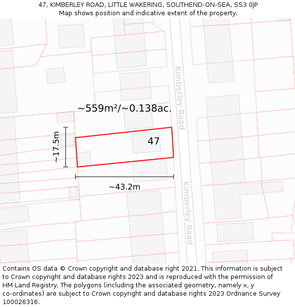 47, KIMBERLEY ROAD, LITTLE WAKERING, SOUTHEND-ON-SEA, SS3 0JP: Plot and title map