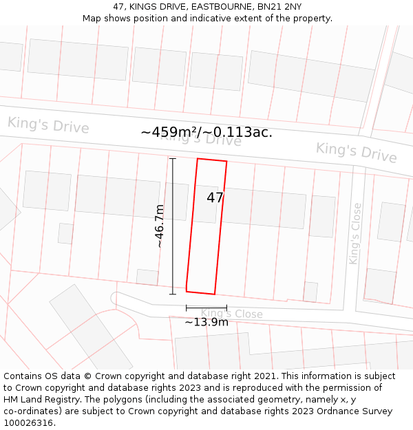 47, KINGS DRIVE, EASTBOURNE, BN21 2NY: Plot and title map