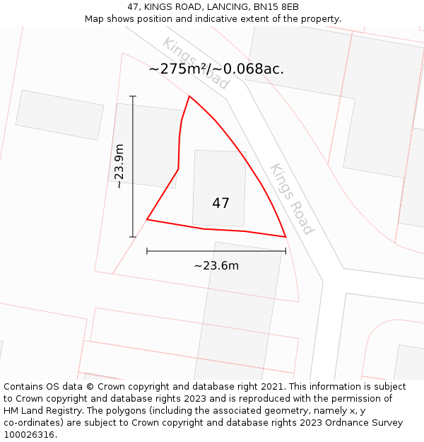 47, KINGS ROAD, LANCING, BN15 8EB: Plot and title map