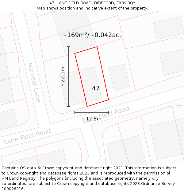 47, LANE FIELD ROAD, BIDEFORD, EX39 3QY: Plot and title map