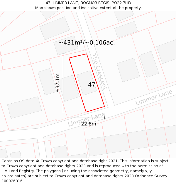 47, LIMMER LANE, BOGNOR REGIS, PO22 7HD: Plot and title map