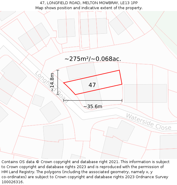 47, LONGFIELD ROAD, MELTON MOWBRAY, LE13 1PP: Plot and title map