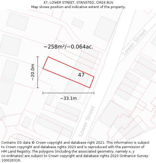 47, LOWER STREET, STANSTED, CM24 8LN: Plot and title map