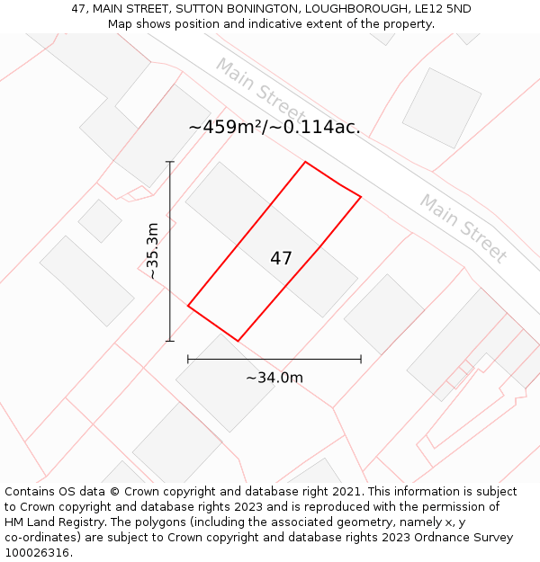 47, MAIN STREET, SUTTON BONINGTON, LOUGHBOROUGH, LE12 5ND: Plot and title map