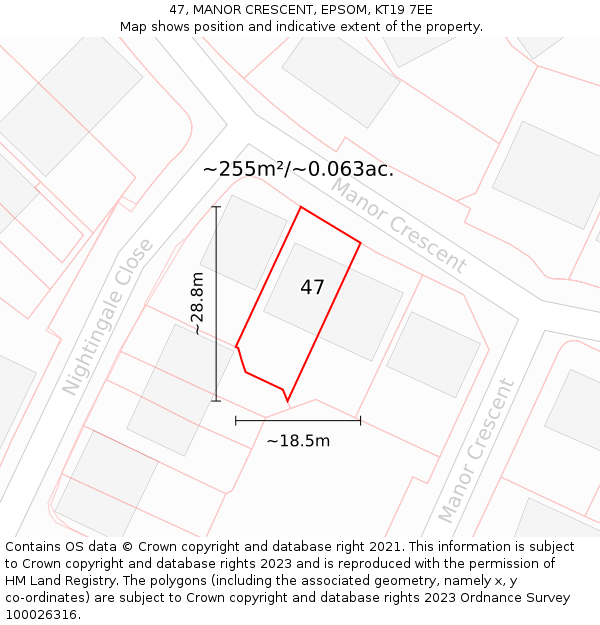 47, MANOR CRESCENT, EPSOM, KT19 7EE: Plot and title map