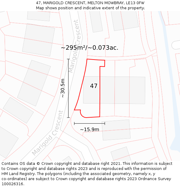 47, MARIGOLD CRESCENT, MELTON MOWBRAY, LE13 0FW: Plot and title map