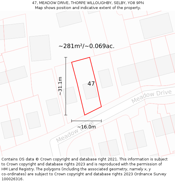 47, MEADOW DRIVE, THORPE WILLOUGHBY, SELBY, YO8 9PN: Plot and title map