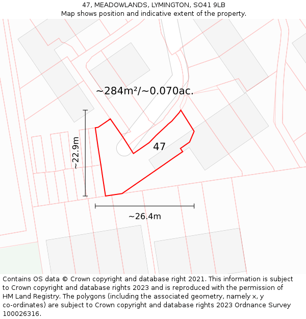 47, MEADOWLANDS, LYMINGTON, SO41 9LB: Plot and title map