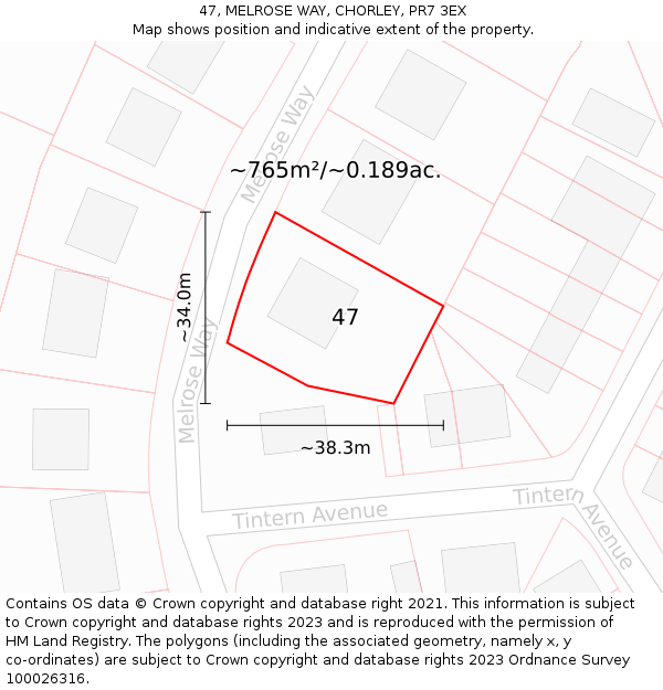 47, MELROSE WAY, CHORLEY, PR7 3EX: Plot and title map