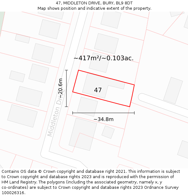 47, MIDDLETON DRIVE, BURY, BL9 8DT: Plot and title map