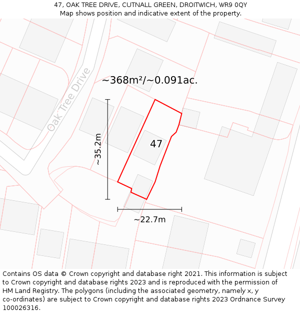 47, OAK TREE DRIVE, CUTNALL GREEN, DROITWICH, WR9 0QY: Plot and title map