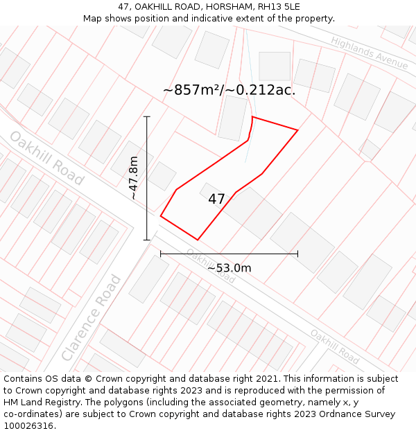 47, OAKHILL ROAD, HORSHAM, RH13 5LE: Plot and title map