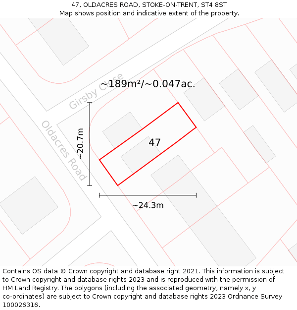 47, OLDACRES ROAD, STOKE-ON-TRENT, ST4 8ST: Plot and title map