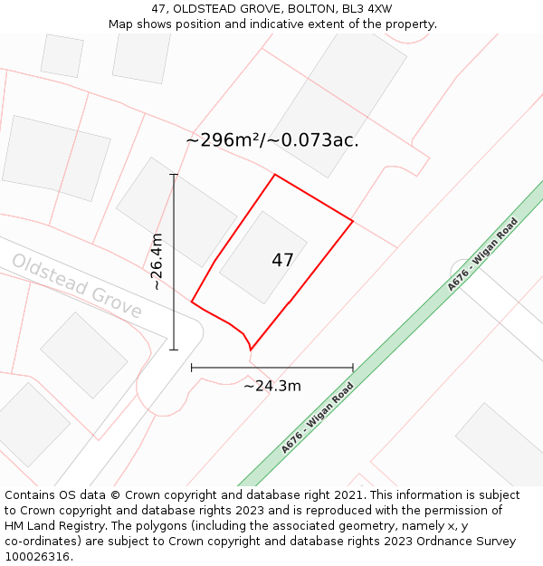 47, OLDSTEAD GROVE, BOLTON, BL3 4XW: Plot and title map