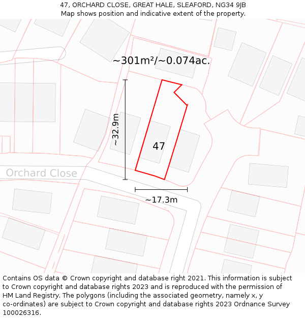 47, ORCHARD CLOSE, GREAT HALE, SLEAFORD, NG34 9JB: Plot and title map