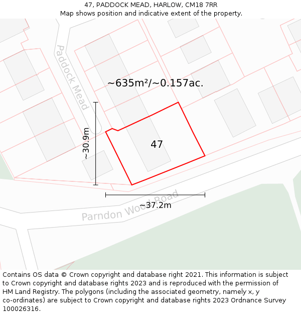 47, PADDOCK MEAD, HARLOW, CM18 7RR: Plot and title map