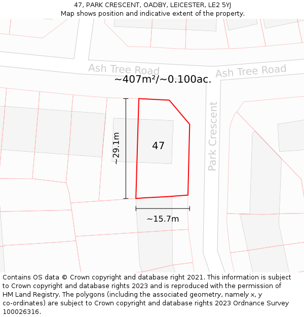 47, PARK CRESCENT, OADBY, LEICESTER, LE2 5YJ: Plot and title map