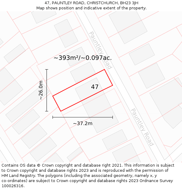 47, PAUNTLEY ROAD, CHRISTCHURCH, BH23 3JH: Plot and title map