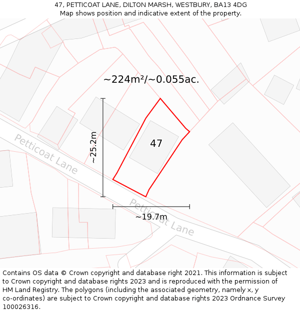 47, PETTICOAT LANE, DILTON MARSH, WESTBURY, BA13 4DG: Plot and title map