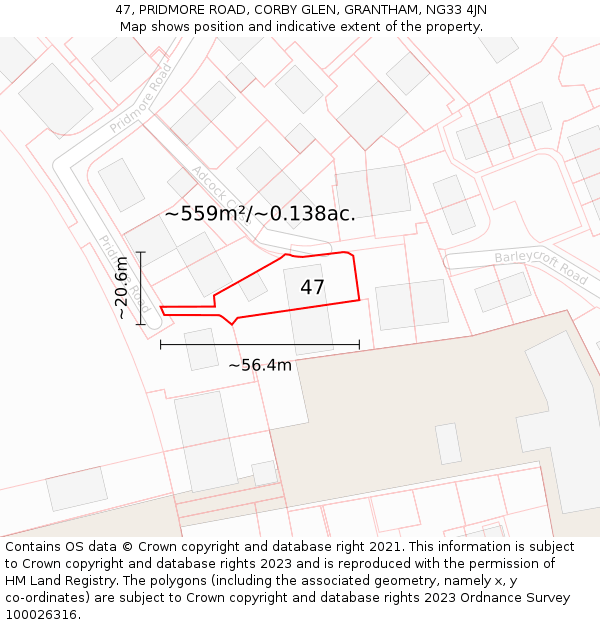 47, PRIDMORE ROAD, CORBY GLEN, GRANTHAM, NG33 4JN: Plot and title map