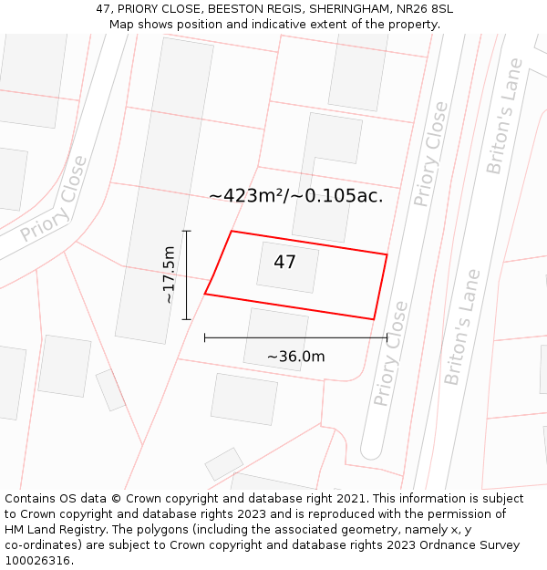 47, PRIORY CLOSE, BEESTON REGIS, SHERINGHAM, NR26 8SL: Plot and title map