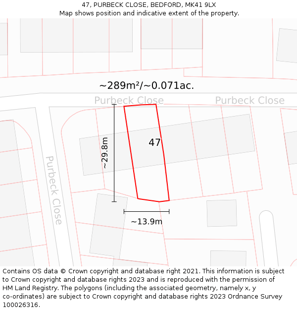 47, PURBECK CLOSE, BEDFORD, MK41 9LX: Plot and title map