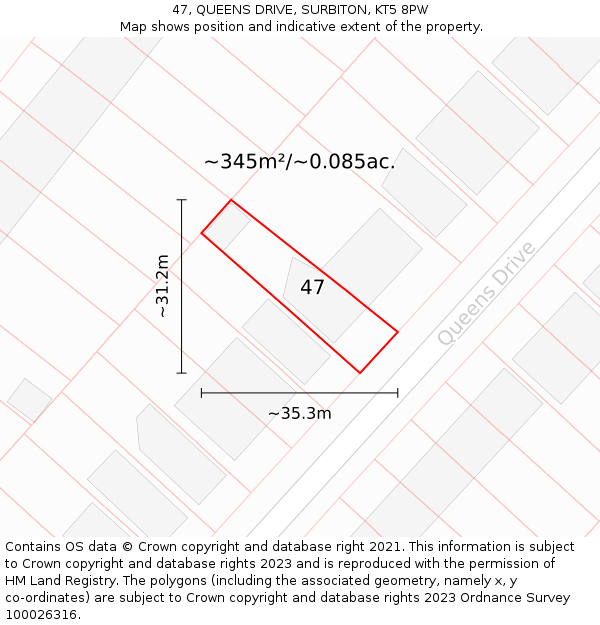 47, QUEENS DRIVE, SURBITON, KT5 8PW: Plot and title map