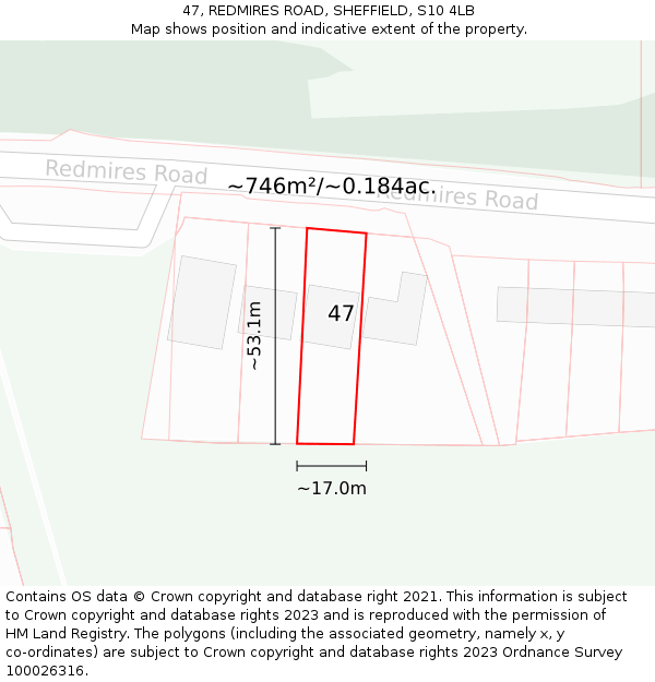 47, REDMIRES ROAD, SHEFFIELD, S10 4LB: Plot and title map