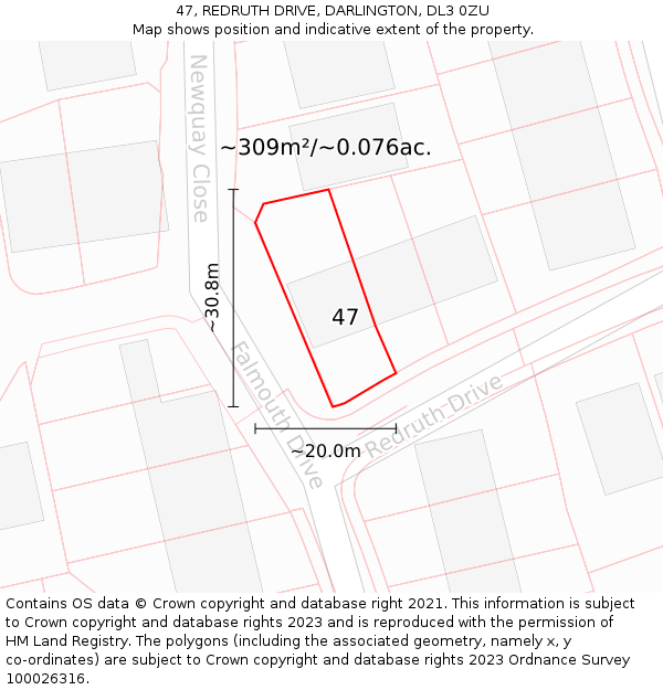 47, REDRUTH DRIVE, DARLINGTON, DL3 0ZU: Plot and title map