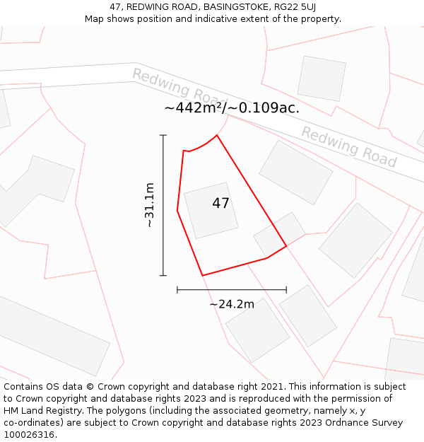 47, REDWING ROAD, BASINGSTOKE, RG22 5UJ: Plot and title map