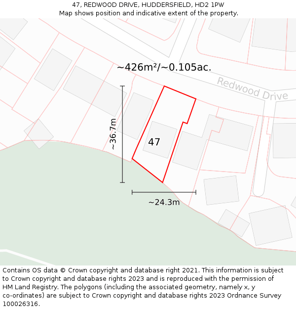 47, REDWOOD DRIVE, HUDDERSFIELD, HD2 1PW: Plot and title map