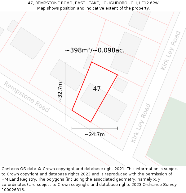 47, REMPSTONE ROAD, EAST LEAKE, LOUGHBOROUGH, LE12 6PW: Plot and title map