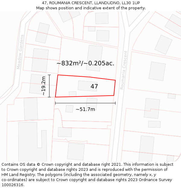 47, ROUMANIA CRESCENT, LLANDUDNO, LL30 1UP: Plot and title map