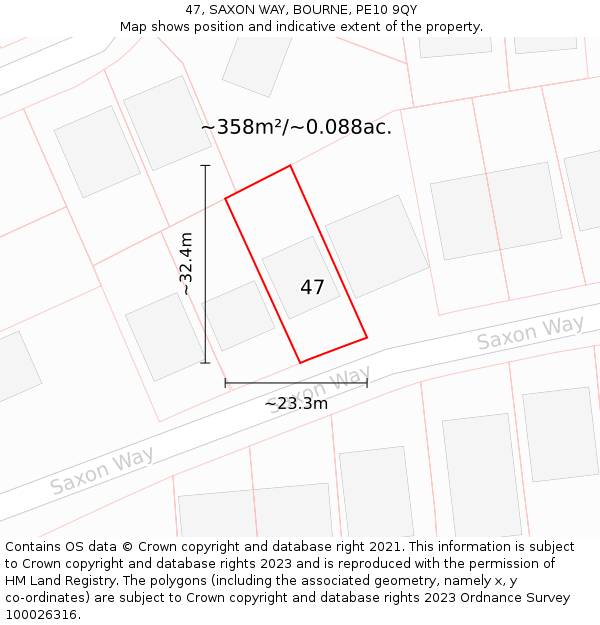 47, SAXON WAY, BOURNE, PE10 9QY: Plot and title map