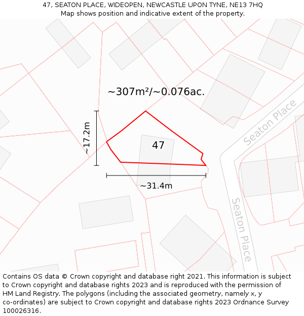 47, SEATON PLACE, WIDEOPEN, NEWCASTLE UPON TYNE, NE13 7HQ: Plot and title map