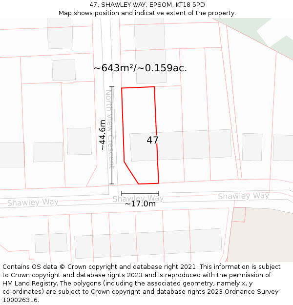 47, SHAWLEY WAY, EPSOM, KT18 5PD: Plot and title map