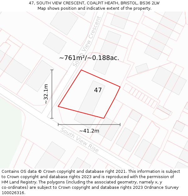 47, SOUTH VIEW CRESCENT, COALPIT HEATH, BRISTOL, BS36 2LW: Plot and title map