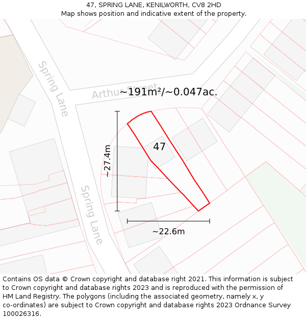 47, SPRING LANE, KENILWORTH, CV8 2HD: Plot and title map