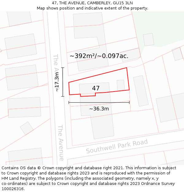 47, THE AVENUE, CAMBERLEY, GU15 3LN: Plot and title map