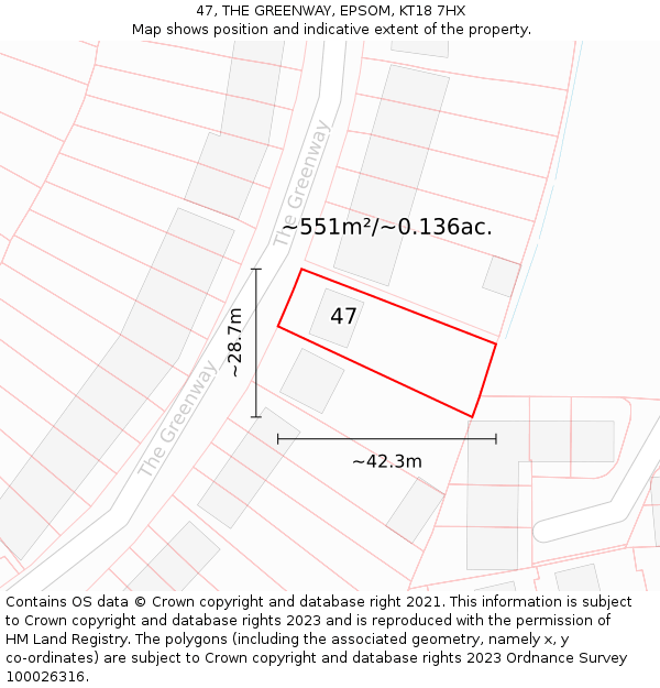 47, THE GREENWAY, EPSOM, KT18 7HX: Plot and title map