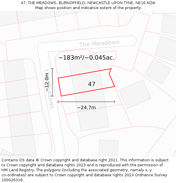 47, THE MEADOWS, BURNOPFIELD, NEWCASTLE UPON TYNE, NE16 6QW: Plot and title map