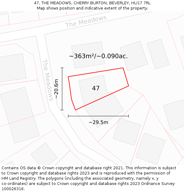 47, THE MEADOWS, CHERRY BURTON, BEVERLEY, HU17 7RL: Plot and title map