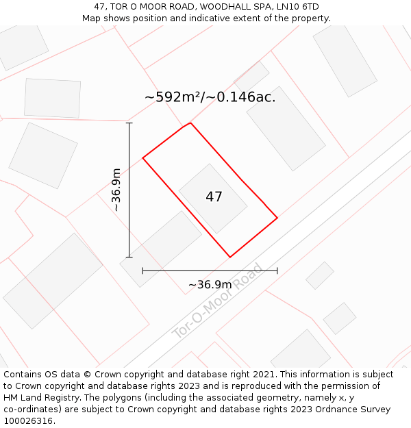 47, TOR O MOOR ROAD, WOODHALL SPA, LN10 6TD: Plot and title map