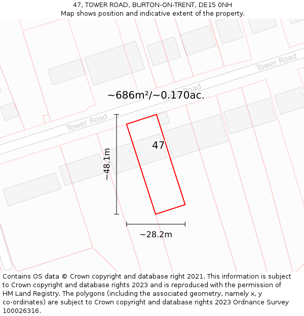 47, TOWER ROAD, BURTON-ON-TRENT, DE15 0NH: Plot and title map