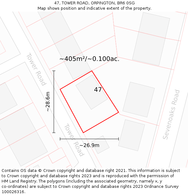 47, TOWER ROAD, ORPINGTON, BR6 0SG: Plot and title map
