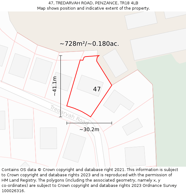 47, TREDARVAH ROAD, PENZANCE, TR18 4LB: Plot and title map