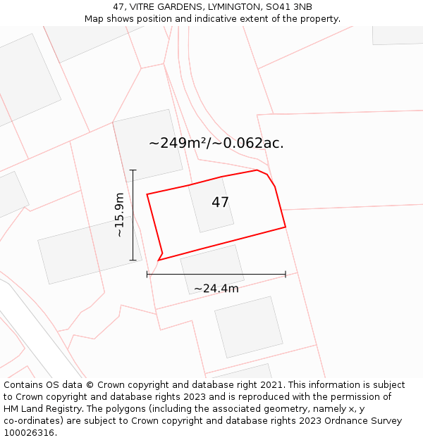 47, VITRE GARDENS, LYMINGTON, SO41 3NB: Plot and title map